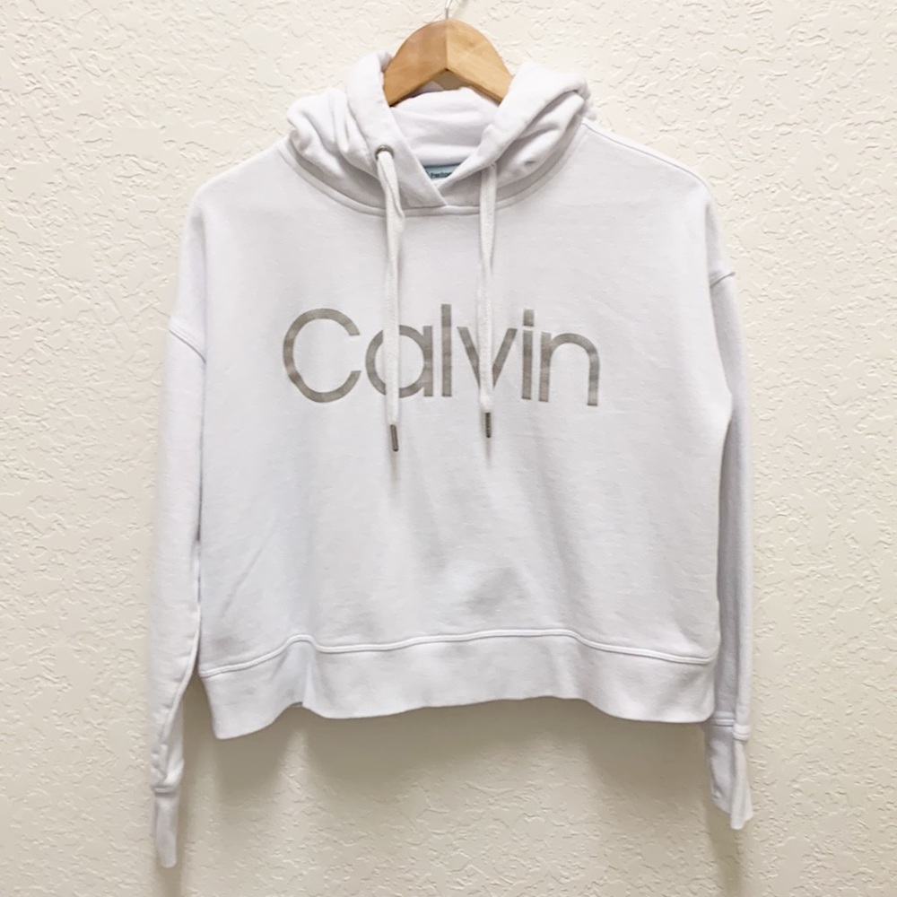 Calvin Klein Cropped White Hoodie Sweatshirt Sz S w/ Thumbholes